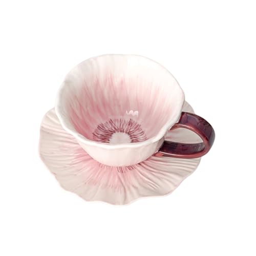 Ceramic Coffee Mug with Saucer Set, 10 Oz Flower Coffee Mug Tea Cup Set for Women, Floral Coffee Latte Mug, Porcelain Fancy Teaware for Birthday Wedding Mother's Day Gift Party (Pink) - color: Pink