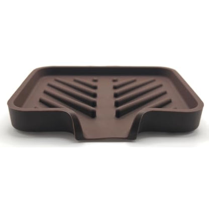 Silicone Soap Dish Tray and Sponge Holder with Drain Chute and Feet | 3-Way Sloped Design | Bathroom and Kitchen Sink Organizer Caddy (Dark Chocolate, 5"x4", 3.5 Ounces) - color: Dark Chocolate, size: 5"x4"