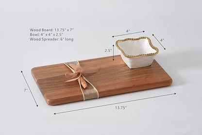 Pampa Bay Acacia Charcuterie Board with Porcelain White & Gold Dipping Bowl and Wood Spreader - color: White and Gold