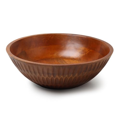 12" x 4" Wood bowl with hand carved pattern | 4.3 quarts capacity | wooden bowl for food, serving salads, pasta, cereal or popcorn | kitchen counter centerpiece bowl for fruits |