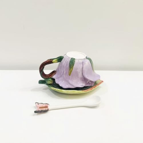 Ceramic Tea Cup and Saucer Set ，6OZ 3D Hand-Painted Flower and Lotus Leaf Coffee Mug，Gift for Women- Pinkish Purple Rose - color: Pinkish Purple