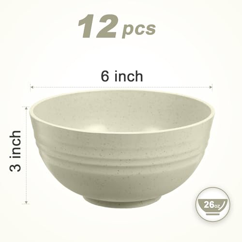 HEYCOME 12 Pcs Unbreakable Cereal Bowls Set, 26 Oz Wheat Straw Bowls Set, Microwave & Dishwasher Safe Bowls for Kitchen, Reusable Plastic Bowls for Soup, Salad and Snack, BPA Free, Beige - color: Beige