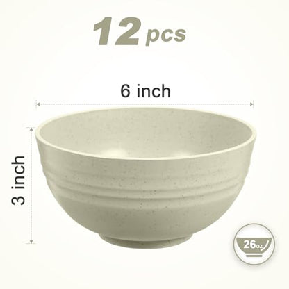 HEYCOME 12 Pcs Unbreakable Cereal Bowls Set, 26 Oz Wheat Straw Bowls Set, Microwave & Dishwasher Safe Bowls for Kitchen, Reusable Plastic Bowls for Soup, Salad and Snack, BPA Free, Beige - color: Beige