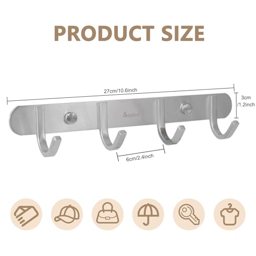 Coat Hook Rack Brushed Nickel - Sagmoc 10.6-Inch Coat&Towel Hook Rail Wall Mounted with 4 Hooks, Durable Wall Hangers for Bedroom, Bathroom, Foyer, Hallway (SUS304 Stainless Steel) - size: 4 Hooks