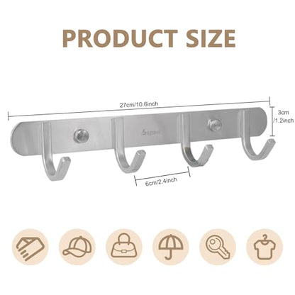 Coat Hook Rack Brushed Nickel - Sagmoc 10.6-Inch Coat&Towel Hook Rail Wall Mounted with 4 Hooks, Durable Wall Hangers for Bedroom, Bathroom, Foyer, Hallway (SUS304 Stainless Steel) - size: 4 Hooks