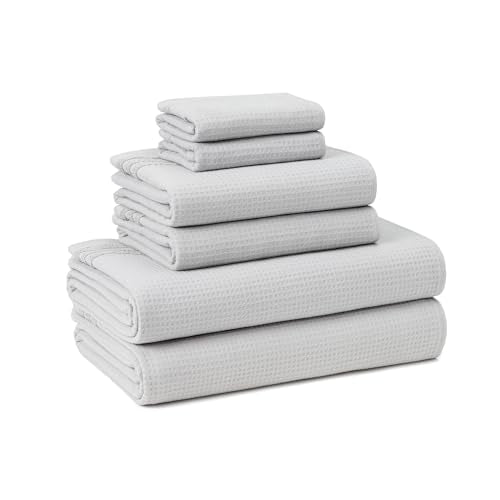 TOWN & COUNTRY BASICS 6-Piece Assorted Waffle Woven Terry Stripe Set, 2 Bath Towel, 2 Hand Towel, 2 Washcloth, 100% Cotton, Quick Dry, Gray - color: Light Grey