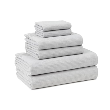 TOWN & COUNTRY BASICS 6-Piece Assorted Waffle Woven Terry Stripe Set, 2 Bath Towel, 2 Hand Towel, 2 Washcloth, 100% Cotton, Quick Dry, Gray - color: Light Grey