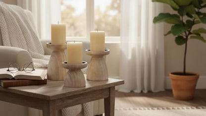 Candle Holders for Pillar Candles (Medium Set of 3) - Mangowood Candle Holder Wood - Farmhouse Wooden Candle Holders - Floor Candle Stand for Fireplace