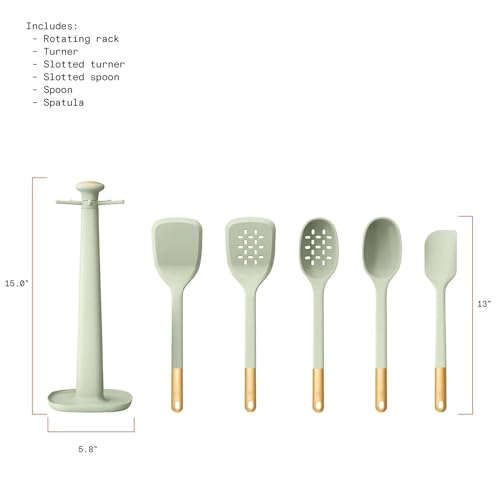 6 Piece Silicone Kitchen Utensil Set with Rotating Holder, Heat Resistant Cooking Tools, Nonstick Safe Spatula Spoon Turner Set with Storage Rack (Sage Green) - color: Sage Green