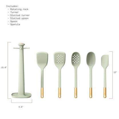 6 Piece Silicone Kitchen Utensil Set with Rotating Holder, Heat Resistant Cooking Tools, Nonstick Safe Spatula Spoon Turner Set with Storage Rack (Sage Green) - color: Sage Green