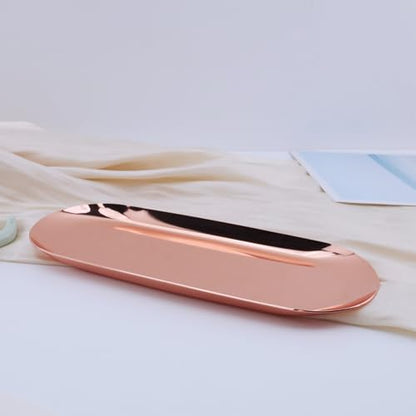 Dnyta 2Pcs Stainless Steel Decorative Tray, Decor Jewelry Dish Rose Gold | Bathroom Decor Makeup Serving Trays Cosmetics Home Decor for Dresser, Keys Watch Wallet Trinket (9"x3.7", Oval, Rose Gold) - style: Oval rose gold style (2pcs)