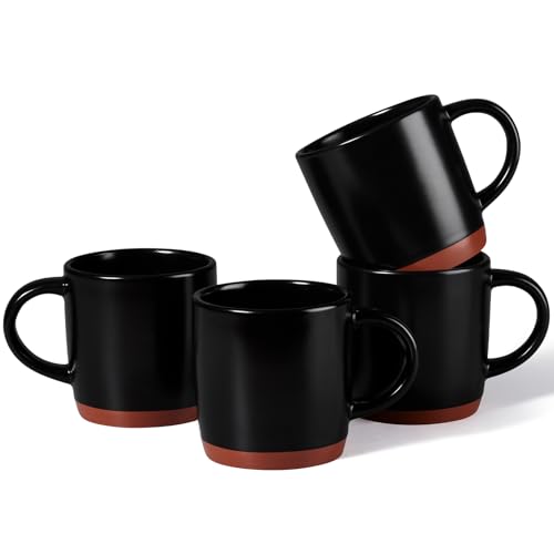 E-far Ceramic Coffee Mug Set of 4, 12oz Stoneware Coffee Cup with Handle, Porcelain Tea Cups, Modern Farmhouse Latte Mug Gift Set for Women & Men, Microwave Safe, Matte Black - color: Matte Black
