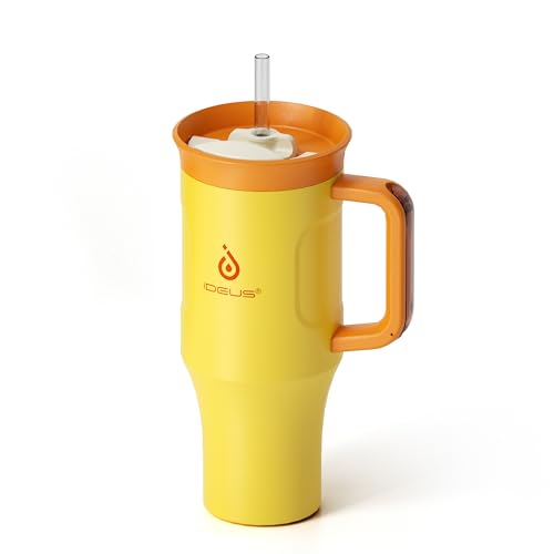 Ideus 32 oz Tumbler with Handle and Straw, 100% Leak Proof Dual Wall Vacuum Insulated Stainless Steel Travel Mug, Cup Holder Friendly, Yellow - color: Yellow
