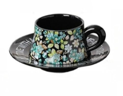 10 oz Elegant Ceramic Coffee Cup and Saucer Set with Gift Box Packaging, Floral China Tea Cup and Saucer Set,Retro Afternoon Tea Cup Set with Black Coffee Mug,Valentine's Day Gift for him