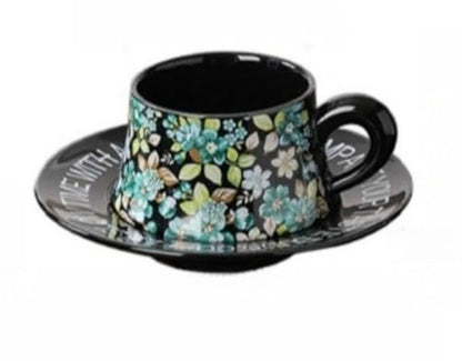 10 oz Elegant Ceramic Coffee Cup and Saucer Set with Gift Box Packaging, Floral China Tea Cup and Saucer Set,Retro Afternoon Tea Cup Set with Black Coffee Mug,Valentine's Day Gift for him