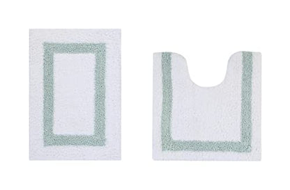 Better Trends 100% Cotton Hotel Collection Bath Mats Set, White & Blue Mats - Tufted, Reversible & Absorbent & Machine Washable 2 Piece Bathroom Rug Set, Toilet Base & Sink Bath Mat Rug - color: White & Blue, size: 2 Piece Set (17" x 24" | 20" x 20")