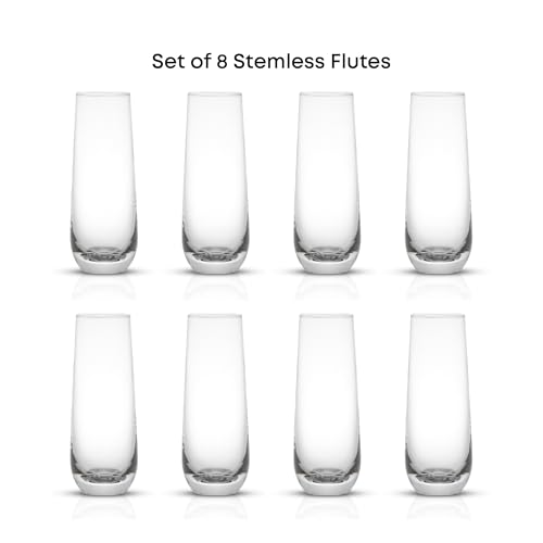 JoyJolt Milo Stemless Champagne Flutes Set of 8 Crystal Glasses. 9.5oz Prosecco Wine Flute, Mimosa Glasses, Cocktail Glass Set, Water Highball Glass, Bar Glassware - size: 9.5 Ounces