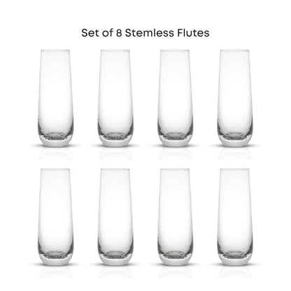 JoyJolt Milo Stemless Champagne Flutes Set of 8 Crystal Glasses. 9.5oz Prosecco Wine Flute, Mimosa Glasses, Cocktail Glass Set, Water Highball Glass, Bar Glassware - size: 9.5 Ounces