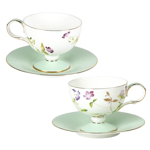 KAMMAK Tea Cups Set of 2,Ceramic Floral Pattern Demitasse Cup | Porcelain Espresso Cup with Saucer, 8.45 oz Handmade Elegant Bone China Tea Cups for Latte, Americano, Cappuccino - color: February Orchid