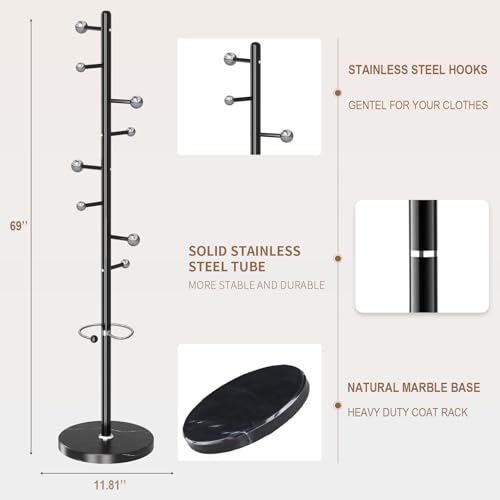 Coat Rack Stand, Black Metal Coat Rack Freestanding with 8 Hooks | Modern Coat Rack with Natural Marble Base,Modern Coat Hanger Stand, 3 Adjustable Coat Clothes Tree Stand for Office - color: Black-8 Ball Hooks