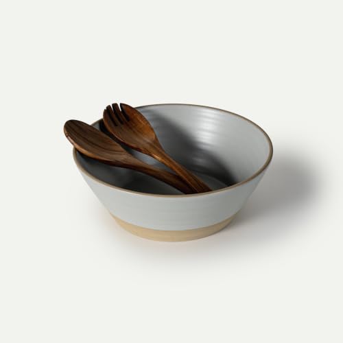 Mora Giant Salad Bowl Set with Wood Salad Servers, 4 qt Large Ceramic Serving Bowl for Salad, Pasta & Fruit, Microwave, Oven and Dishwasher Safe - Mist - color: Mist
