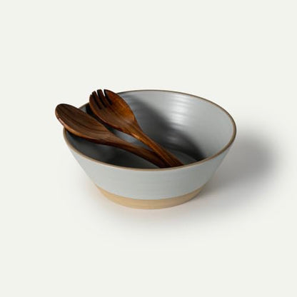 Mora Giant Salad Bowl Set with Wood Salad Servers, 4 qt Large Ceramic Serving Bowl for Salad, Pasta & Fruit, Microwave, Oven and Dishwasher Safe - Mist - color: Mist