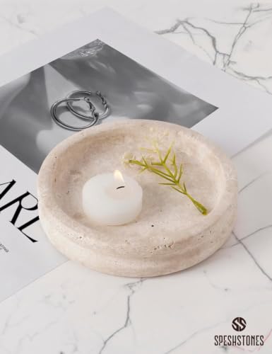 Marble Jewelry Dish, 5" Handmade Travertine Ring Tray | Handmade trinket holder for earrings, necklaces, keys & candles, Catchall for vanity, nightstand & gift for women - color: Travertine