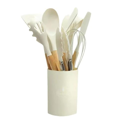 12 PCS Silicone Kitchen Utensils Set with Wooden Handle, Non-Stick Heat Resistant Cooking Tools with Holder, BPA-Free Kitchen Gadgets for Cookware, Multicolor
