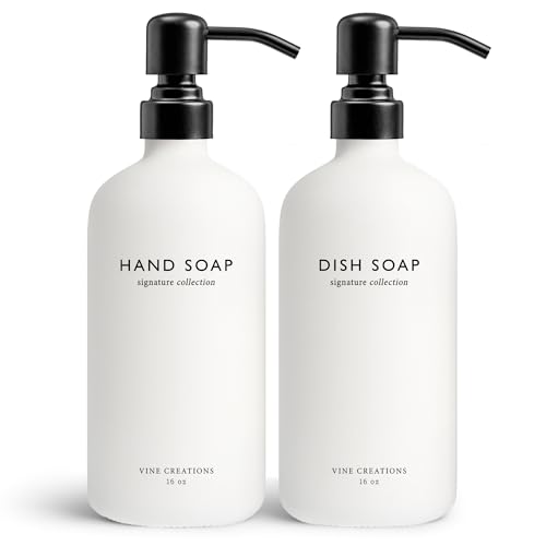 Vine Creations White Glass Soap Dispenser Set, Dish Soap and Hand Soap Dispenser Set with Stainless Steel Pump, 16 oz Glass Dispensers for Kitchen or Bathroom Decor (Matte White Bottle/Matte Black) - color: White Bottle / Matte Black Pump