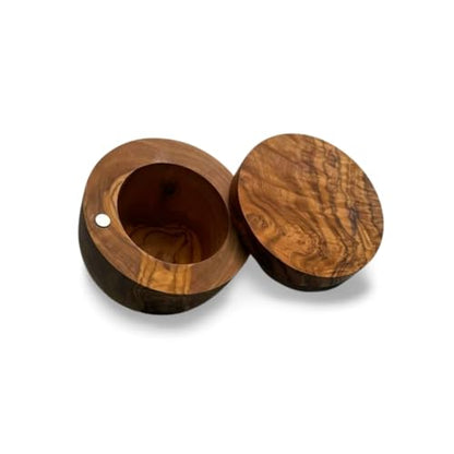 Handmade Olive Wood Salt and Pepper Keeper with Magnetic Swivel Lid – Rustic Wooden Salt Cellar for Kitchen Storage.