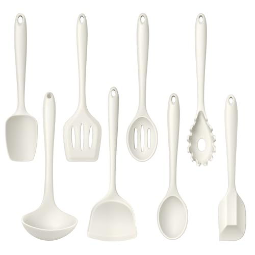 LIANYU 8Pcs Kitchen Cooking Utensils Set, Nonstick Silicone Utensil Sets | Heat Resistant Kitchen Gadgets Essentials for Nonstick Cookware, with Spatula, Spoon, Tuner, Ladle, Dishwasher Safe, White - color: White