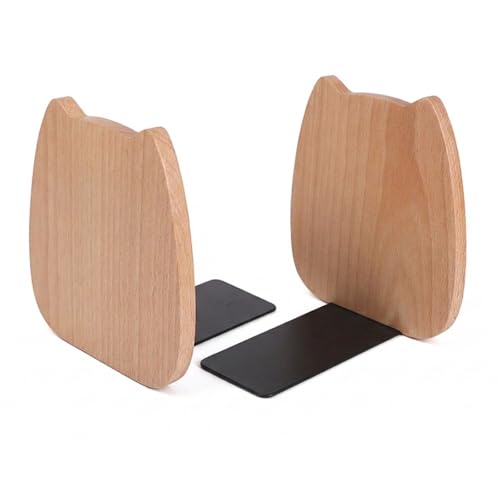 2-Pack Kitten Beech Bookends, 5.5x4.7in | Solid Wood, Natural Grain, Non-Slip Base, Detachable, for Shelves/Desk/Kids Room - color: Beech Wood Kitten