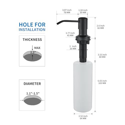Built in Soap Dispenser for Kitchen Sink, Matte Black Stainless Steel Countertop Pump Head, Dish Soap Hand Lotion Dispenser with Refillable 17OZ Bottle - color: Matte Black