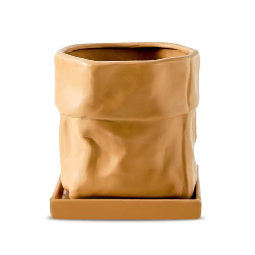 Nihow 6 Inch Ceramic Plant Pot with Drainage & Square Saucer, Terracotta | Bag Shape Design,Indoor & Outdoor,Living room/Office/Bedroom/Windowsill/Tabletop,Plant Lovers/Gardeners/Beginners - color: Terracota, size: 6 Inch