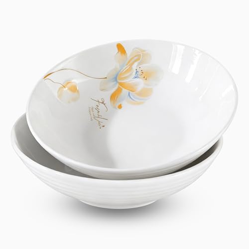 18 Oz, Floral Ceramic Salad Bowl, Soup Bowls, Large Pasta, Set of 2 Serving Kitchen Dinner 8 inches, Microwave Dishwasher Safe Housewarming gift - color: yellow bule, size: Colorful Ceramic Bowls-18 oz (2 pack)