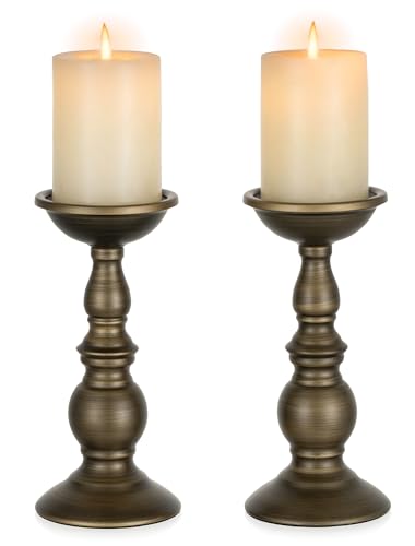 NUPTIO Bronze Candle Holder for Pillars: Table Centerpiece for 3" Candles | (2 x L) Metal Candle Stand for Home Spa Reiki, Votive Candle Wedding Party Special Events - color: Bronze, size: L + L