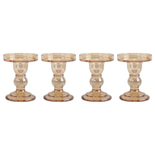 Glass Candle Holder Set of 4, Amber Candlestick Holders for Pillar Candles, 4.5" H, Candle Stand Decorations for Living Room - color: Amber