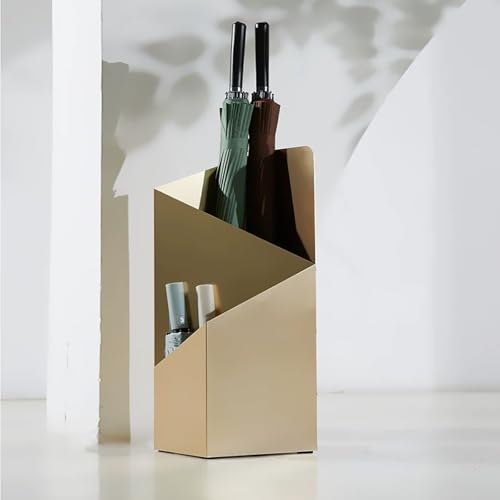 SEIFE Modern Geometric Metal Umbrella Stand for Entryway, Freestanding Umbrella Holder with Water Tray, Decorative Indoor Umbrella Storage Rack(Gold) - color: Gold