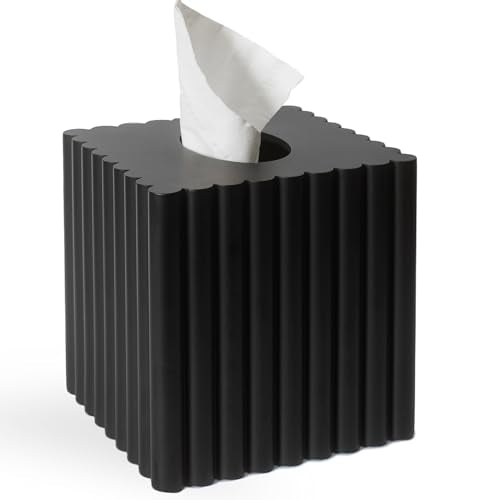 Modern Tissue Box Cover Square, Resin Stone Tissue Box Covers Holder, Decorative Marble Style Tissue Box Cover for Bathroom Kitchen Bedroom Living Room Office (Black) - color: Black