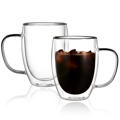 CNGLASS 12oz Double Walled Glass Coffee Mugs,Insulated Glass Mugs with Handle,Clear Espresso Cups for Latte,Cappuccino,Tea Bag,Set of 2 - color: 12oz(2-pack)