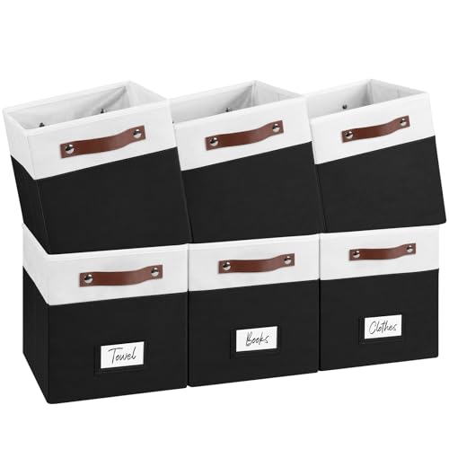 FinishingBo 10.5" x 11" Storage Bins with Labels 6 Pack | PU Leather Handles, Foldable Storage Cubes, Storage Baskets, Closet Storage, White/Black - color: White/Black, size: 10.5 x 10.5 x 11 inch