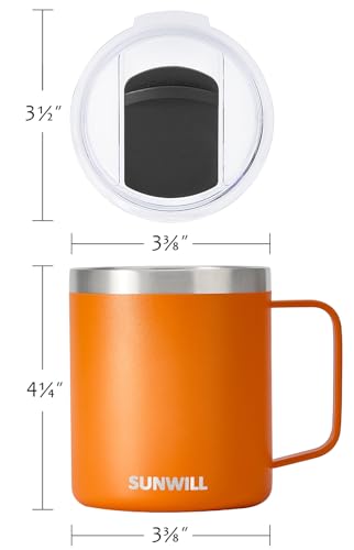SUNWILL Insulated Coffee Mug with Lid, Travel Tumbler with Handle, 14 oz Stainless Steel Cup for Camping, Office, Home, Powder Coated Orange - color: Powder Coated Orange