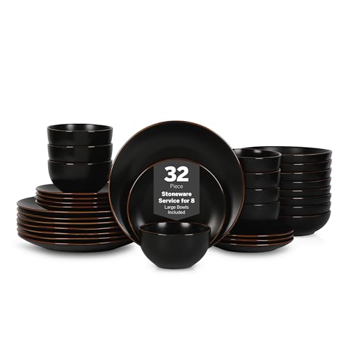 Stone Lain Brasa Stoneware 32 Piece Modern Dinnerware Set, Plates and Bowls, Service for 8, Black, Microwave & Dishwasher Safe - color: Black, size: 32-Piece Service for 8