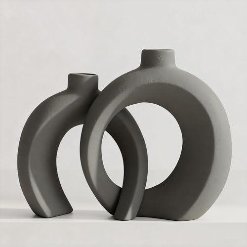 Set of 2 Gray Ceramic Vases for Home Decor Accents - Unique Hollow Donut Artistic Design Minimalism Industrial Scandinavian Style Decorative Vases for Shelf, Mantel, Entryway Table Decor (Matte Gray) - color: Matte Gray