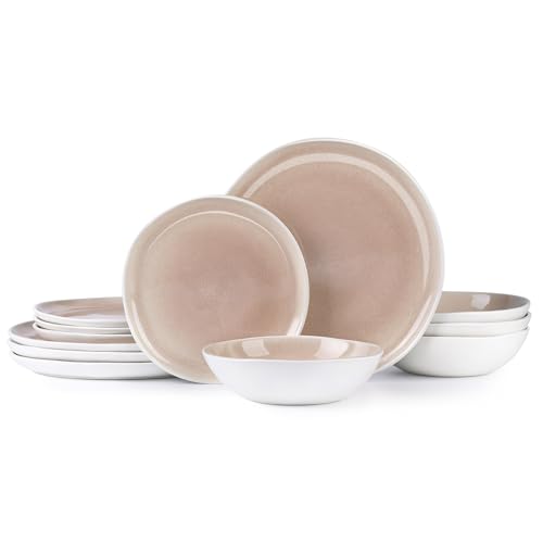 AmorArc Ceramic Dinnerware Sets for 4, 12Pcs Plates and Bowls Sets Dishes | Stoneware Handmade Reactive Glaze Dinner Set, Highly Scratch Resistant | Dishwasher & Microwave Safe Dishware - color: Pink, size: Service for 4(12Pcs)