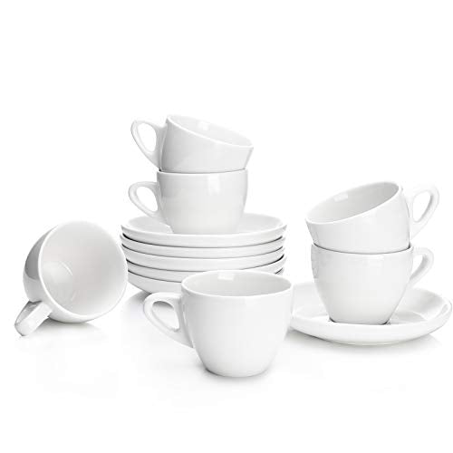 Sweese 4oz Porcelain Espresso Cups with Saucers, Set of 6 - Ideal for Espresso, Cappuccino, Latte, Tea - White - color: White, size: 4OZ