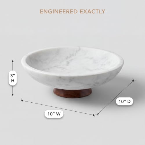 Decorative Marble Bowl White - Handcrafted Natural Stone on Removable Acacia Wood Pedestal Base - Versatile 10" Catch‑All Centerpiece - Entryway, Dining Table, Kitchen Fruit Bowl, Key Holder (White) - color: White