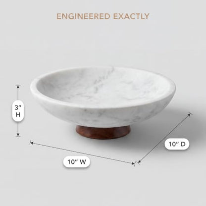 Decorative Marble Bowl White - Handcrafted Natural Stone on Removable Acacia Wood Pedestal Base - Versatile 10" Catch‑All Centerpiece - Entryway, Dining Table, Kitchen Fruit Bowl, Key Holder (White) - color: White