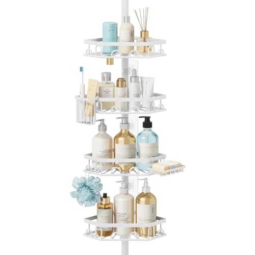 Consumest Shower Caddy Tension Pole - 4 Tier Corner Shower Shelves with Brush & Soap Holder, 304 Stainless Steel Rustproof Adjustable Organizer Rack for Bathtub, Bathroom, 27.6-108.3 Inch, White - color: White