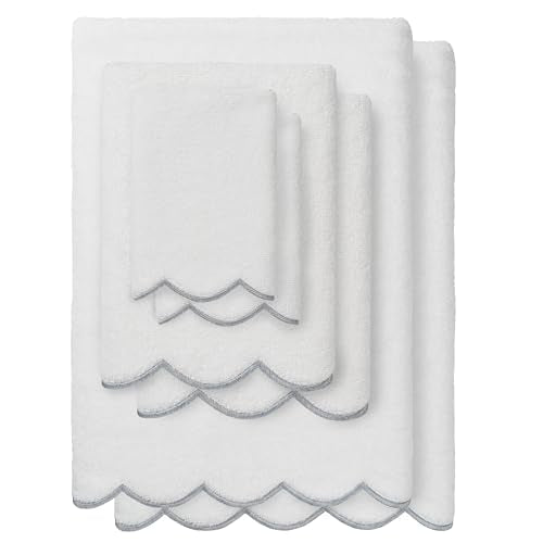 Grace Scallop Personalized Towel Set, Grey 6 Piece Custom Towel Collection, Monogrammed Towels in Soft Turkish Cotton for Elegant Bathroom Decor-Grey-6 Pcs Set - color: Grey, size: 6 Pcs Set